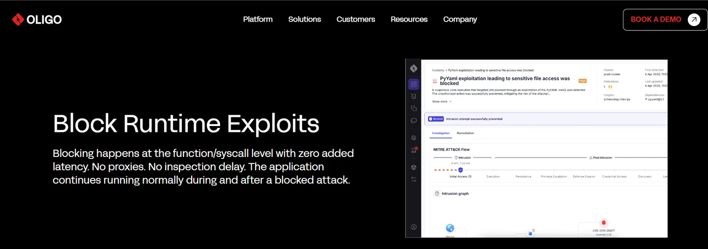Oligo blocking runtime exploits at syscall level with MITRE ATT&CK flow, a key enterprise AI agent security capability