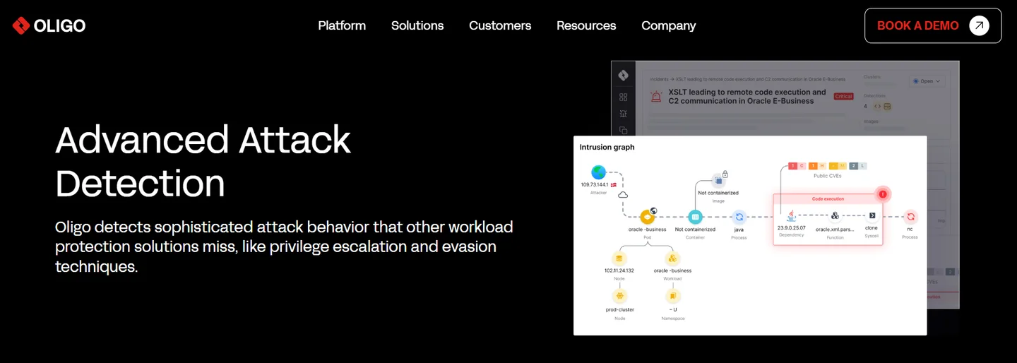  Oligo Advanced Attack Detection page with an intrusion graph tracing XSLT remote code execution to C2 communication