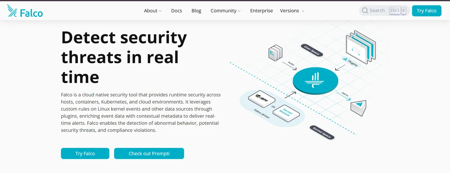 Falco homepage explaining real-time runtime security across hosts, containers, and Kubernetes with eBPF driver, rules, and alerts