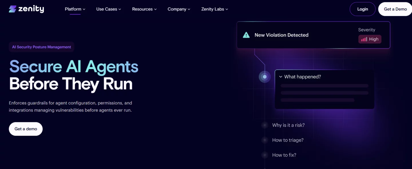 Zenity AI Security Posture Management page with a high-severity agent violation and guided triage steps