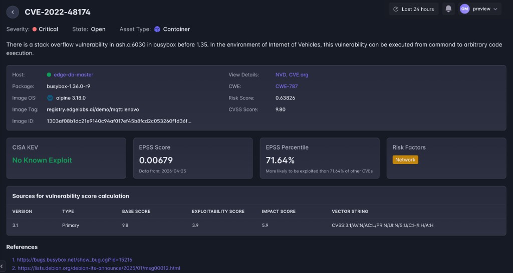 CVE detail view showing EPSS, CISA KEV, Risk Score, and CVSS breakdown